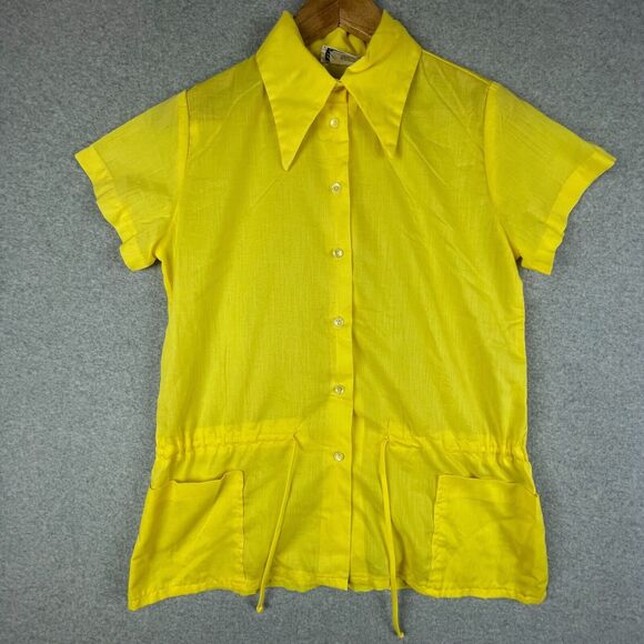 Vintage Blouse Women 16 Yellow Dagger Collar Teddi Of California 70s Retro Disco - Picture 1 of 6